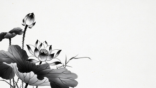 Minimalist Sumi-e Style Lotus Blossom and Ink Wash Botanical Illustration on Textured Rice Paper for Zen Meditation and Asian Cultural Design