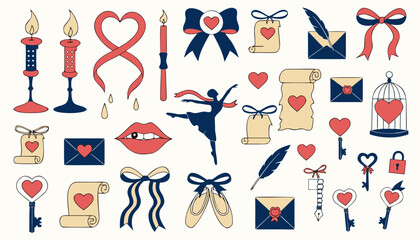 Romantic vintage style vector set with wax sealed letters hearts and ballet silhouettes. © Sorna Moni