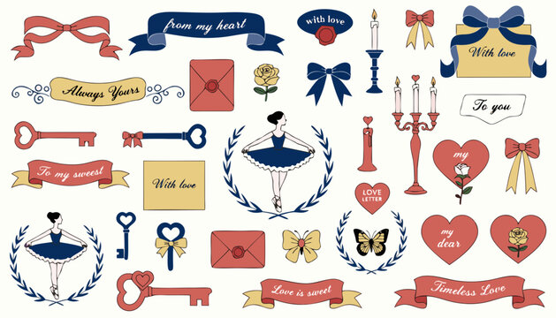 Luxurious vintage love labels with dark blue ballerinas gold envelopes and laurel wreath.