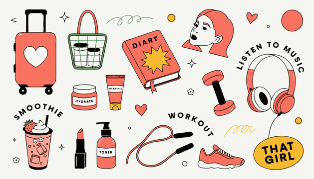 Coral and yellow objects for active young woman lifestyle and self-care.