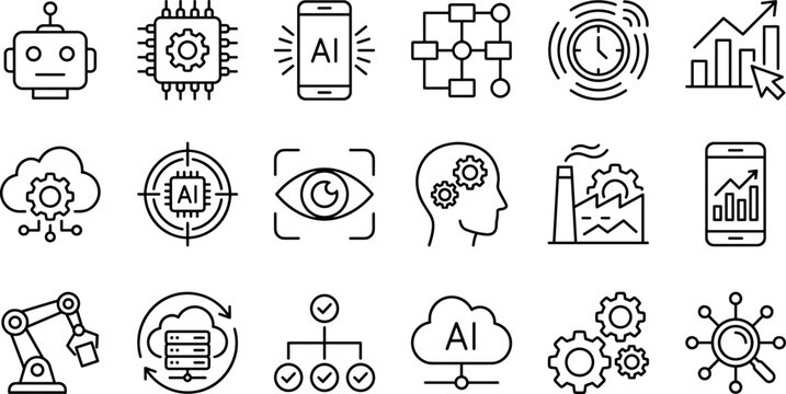 Artificial intelligence and machine learning line icon set including robot microchip cyber automation and cloud computing vector illustration elements