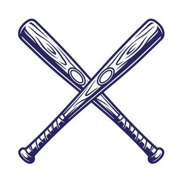 Two baseball bats crossed in an x shape, showing wood grain patterns in a dark blue line t-shirt poster isolated on a white background, sports related branding and