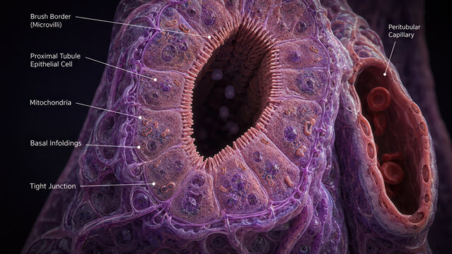 Hyper realistic cross section of renal tubule showing proximal tubule epithelial cell with dense brush border, mitochondria, basal membrane, tight junction, and capillary