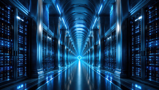 Futuristic data center corridor with glowing blue server rack extending into vanishing point, metallic column and vaulted ceiling reflecting cool blue light