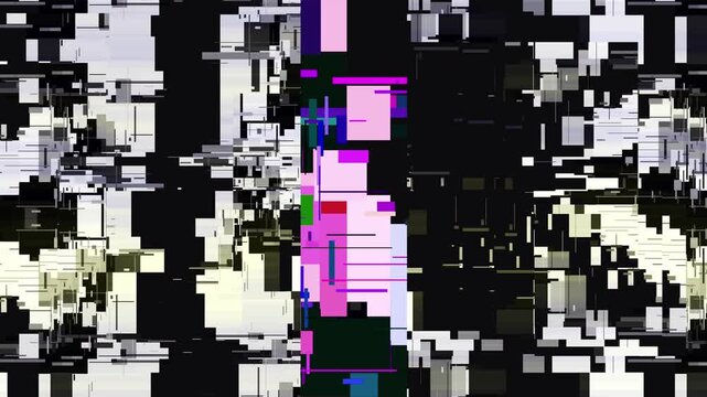 激しいグリッチノイズが左右に観音開きする抽象背景。中央に表示されるカラフルなピクセルブロックと幾何学ライン、システムエラー。