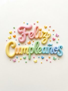 Colorful feliz cumpleanos spanish birthday text with pastel decorations on white