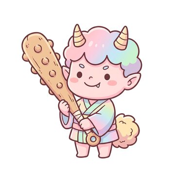 cute pastel devil kid with baseball bat on white background