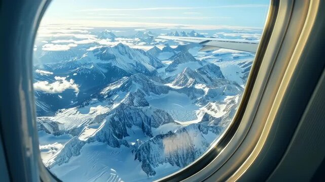 aerial snowy mountain view from window, sunlit glacier peaks stretching toward horizon, soft clouds drifting below, plane cabin frame in foreground, cold blue tones, serene highaltitude