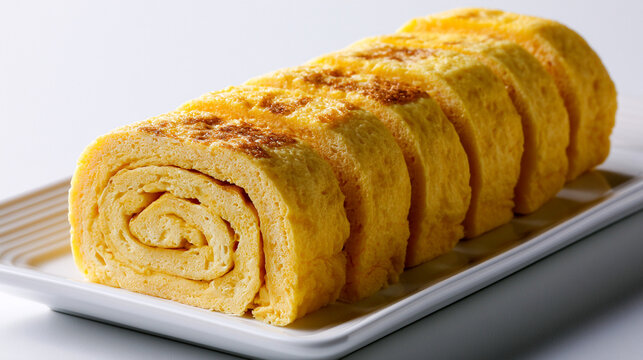 A Beautifully Sliced Portion of Traditional Japanese Rolled Omelet (Dashimaki Tamago)