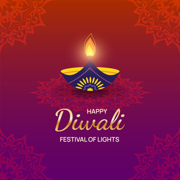 Happy Diwali Festival of Lights greeting card with glowing diya lamp. Festive background for web banner, poster, social media