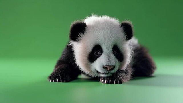Adorable baby panda lying down on a plain green background studio shot
