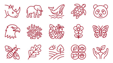 Collection of stylized red line art icons representing various aspects of nature and wildlife conservation. © xavier