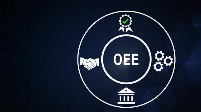 Oee overall equipment effectiveness concept with industrial and assurance checkmark for manufacturing efficiency and business optimization