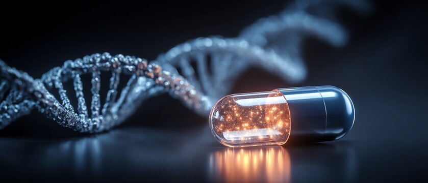 DNA strand with glowing capsule on dark surface.