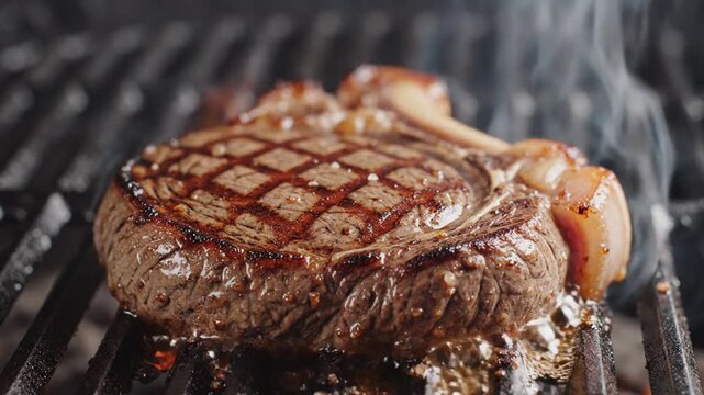 Grilled steak with visible grill marks sizzles on a barbecue.
