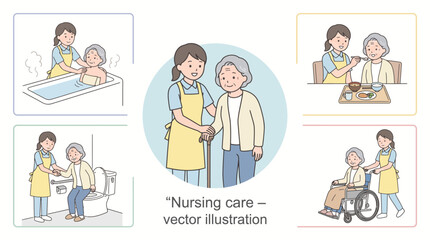 Fototapeta premium Nursing care illustration set showing a caregiver assisting elderly adults and family at home, home health care, patient support, and compassionate medical assistance