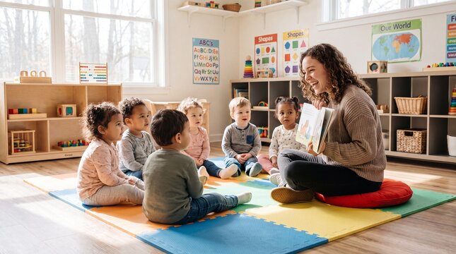 A happy female teacher reading an illustrated book to a diverse group of multi-ethnic toddlers sitting on a colorful floor mat in a bright preschool classroom.