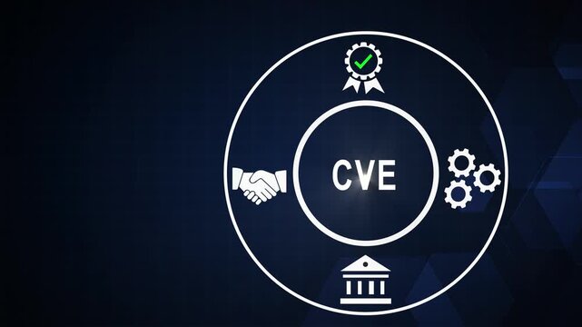 Cve cybersecurity concept animation with digital security handshake, and compliance badge for network protection and data vulnerability management