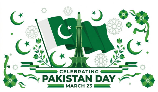 Pakistan Day 23 March Vector Illustration with Minar e Pakistan and National Flag
