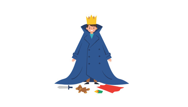 Little boy enjoys playing dress-up by wearing an oversized blue coat and a paper crown next to his toys on the floor.