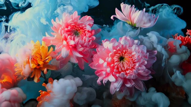 pink chrysanthemum cluster in blue smoke, studio art composition with peony and orange blossoms, swirling inklike mist, soft bokeh highlights, macro botanical study showcasing delicate