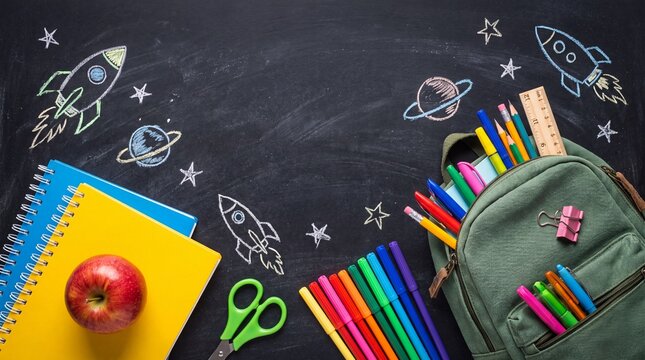 Back to school concept with a backpack, notebooks, and an apple on a black chalkboard background with colorful hand-drawn space elements and rockets.