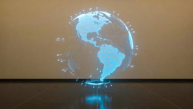 High tech holographic earth globe with digital data nodes floating in a minimalist modern room with reflective flooring, providing professional copy space for global business and technology themes.