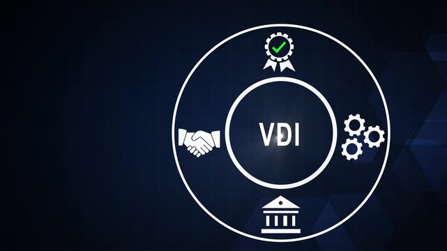 Vdi virtual desktop infrastructure concept animation with business and process flow for corporate it and cloud computing solutions