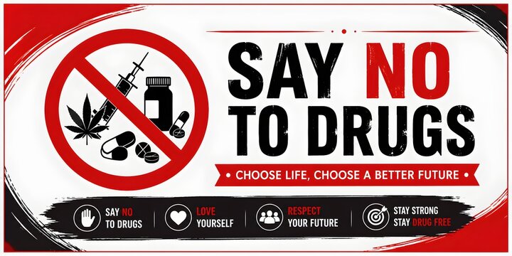 Say no to drugs awareness banner with prohibition sign and medical icons