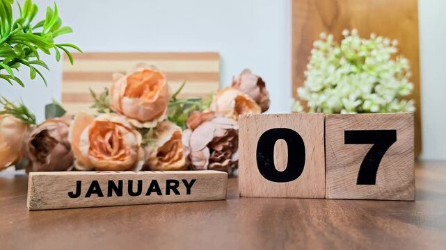 Hand placing wooden calendar blocks showing january 7 on a wooden table