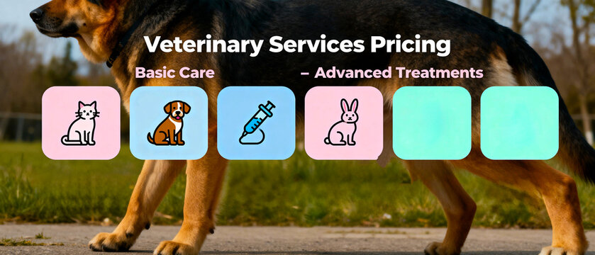 Professional veterinary services pricing banner featuring a German Shepherd background with clean service icons and cost ranges, designed for clinic price lists, marketing brochures, and transparent
