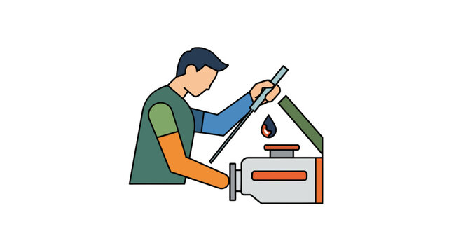 Mechanic checking engine oil level with dipstick and adding fluid industrial illustration style