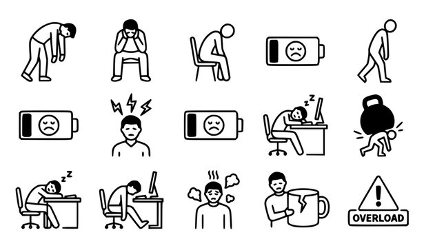 Fatigue burnout and low battery energy icons black white workplace stress vector pack