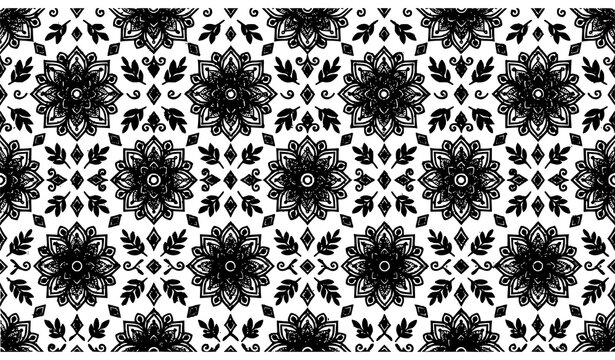 Black and white seamless retro floral geometric ornament pattern vector for wallpaper packaging and decorative backgrounds