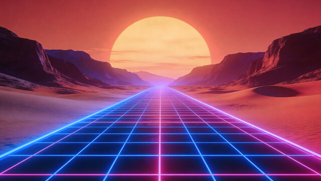 Retro futuristic digital landscape featuring a neon blue and pink grid highway stretching toward a giant glowing sun in a desert canyon, ideal for tech backgrounds and commercial overlays.