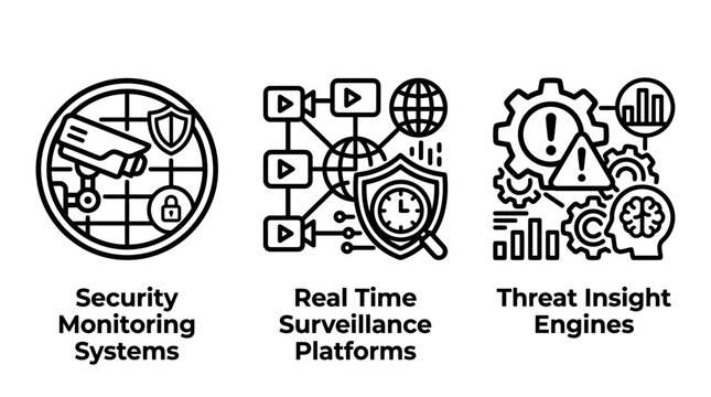 Set of digital security monitoring real-time surveillance threat insight engine icons security monitoring surveillance intelligence analytics protection technology business information
