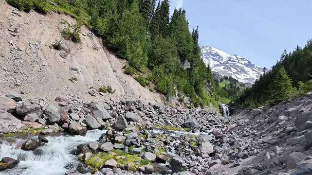 Mountain stream flowing through rocky valley with snow-capped peak in background