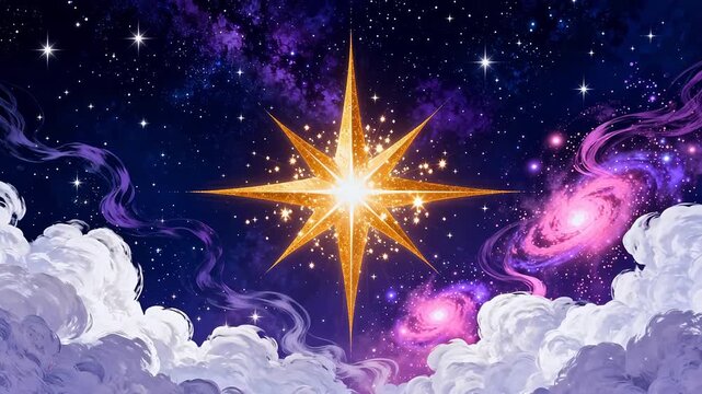 Starry sky with glowing star and clouds