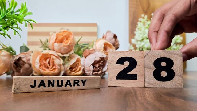 Hand placing wooden calendar blocks showing january 28 on a wooden table