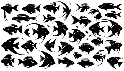 Fototapeta premium Fish silhouettes create a decorative collection of various aquatic species arranged across a white background.