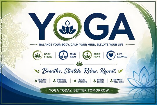Elegant yoga wellness banner with mandala pattern and lotus flower icons