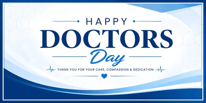 Happy Doctors Day medical appreciation banner with blue abstract wavy background