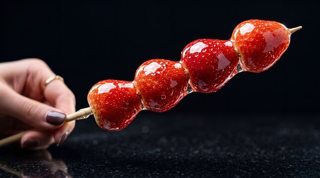 Traditional Chinese Strawberry Tanghulu Candied Fruit Skewer with Glossy Sugar Glaze