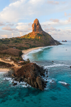 Aerial view of Morro do Pico and the coastline, Fernando de Noronha, Pernambuco, Brazil