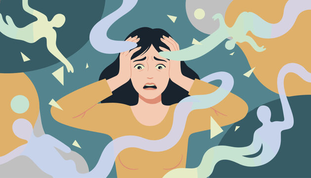 Stressed woman experiences extreme panic, anxiety, and mental pressure represented by ghostly figures swirling around.