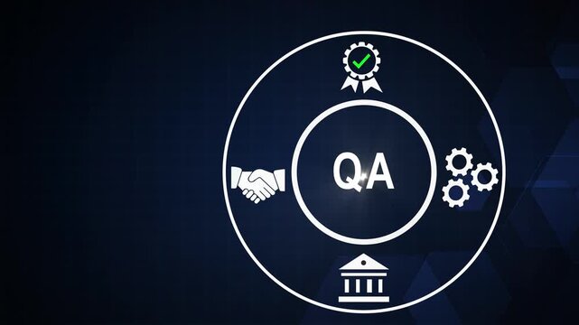 Assurance qa concept with animated handshake, and gear symbols for business process optimization and standards motion