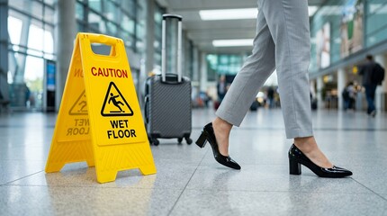 Obraz premium Yellow caution wet floor sign in airport terminal, business woman walking past safety warning board, slip and fall hazard prevention in public space