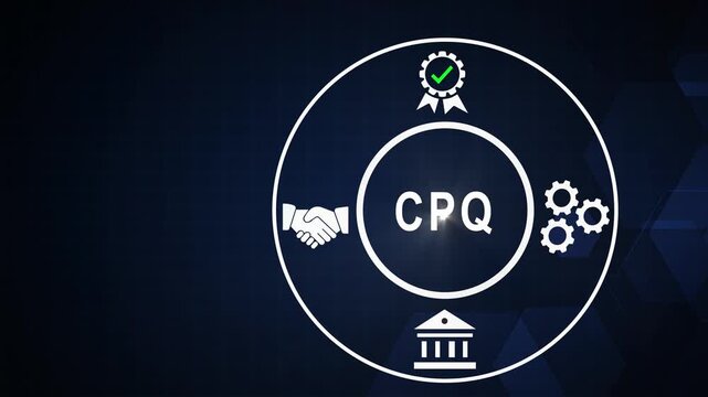 Cpq configure price quote business process infographic animation with handshake, gears, and assurance for corporate strategy presentations