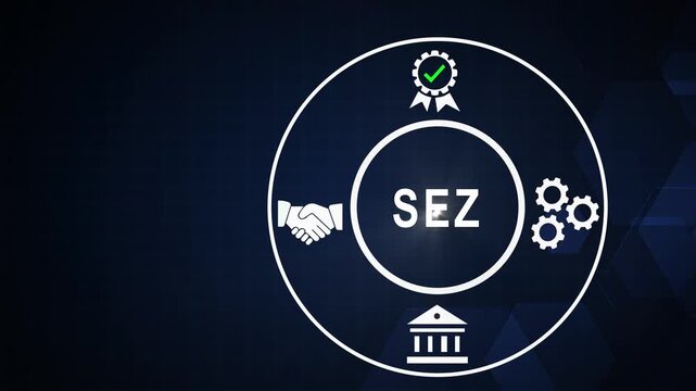 Special economic zone sez concept infographic with animated business handshake, and industrial gear symbols for global trade and investment strategy