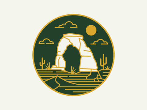 Minimalist Desert Arch Badge Illustration Featuring Southwest Landscape, Cacti, and Sun Emblem